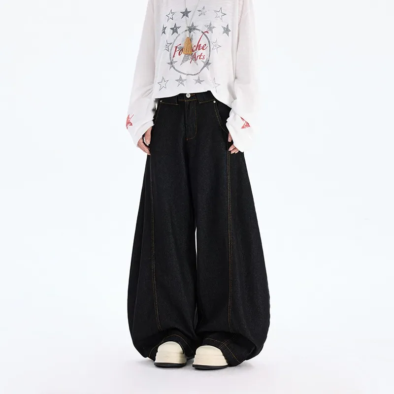 American Cowboy Loose Straight Wide-leg Pants - Black