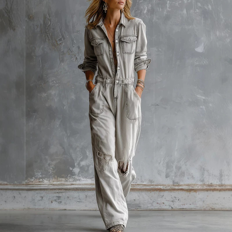 Casual Light-gray Distressed Ripped Denim Jumpsuit product image