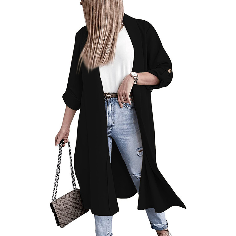 Lengthened Solid Color Trench Coat Without Belt 34 Sleeves - Image 7