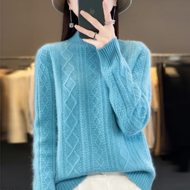Autumn And Winter Thickening Half Turtleneck Cable knit Sweater Sweater Lake Blue - Shop at LoveMi