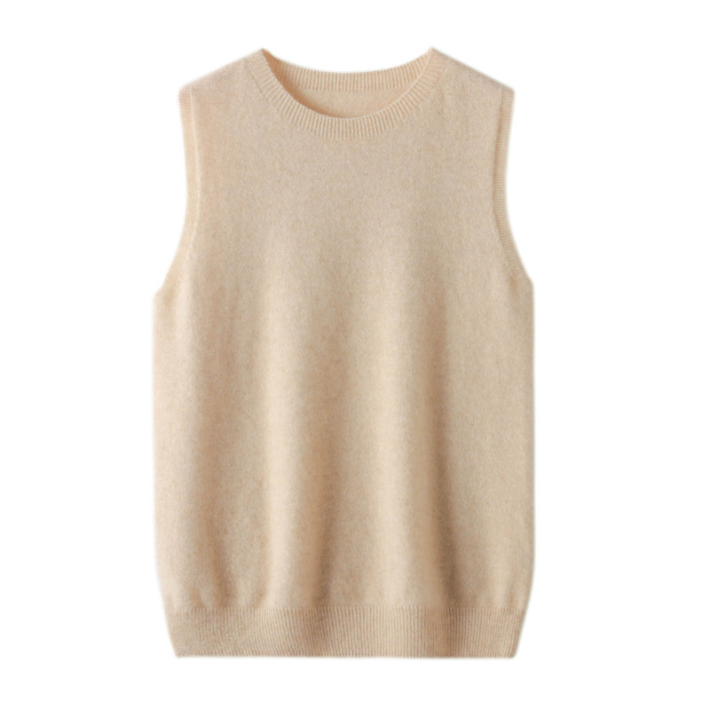 Women's Round Neck Sleeveless Pure Wool Sweater Vest Raw Velvet Rice L - Shop at LoveMi