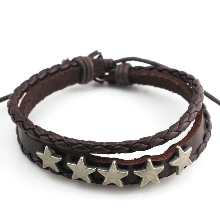 Men's Leather Retro Easy Matching Woven Telescopic Five-pointed Star Bracelet - Brown