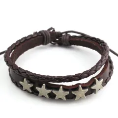 Men's Leather Retro Easy Matching Woven Telescopic Five-pointed Star Bracelet - Brown - View 1