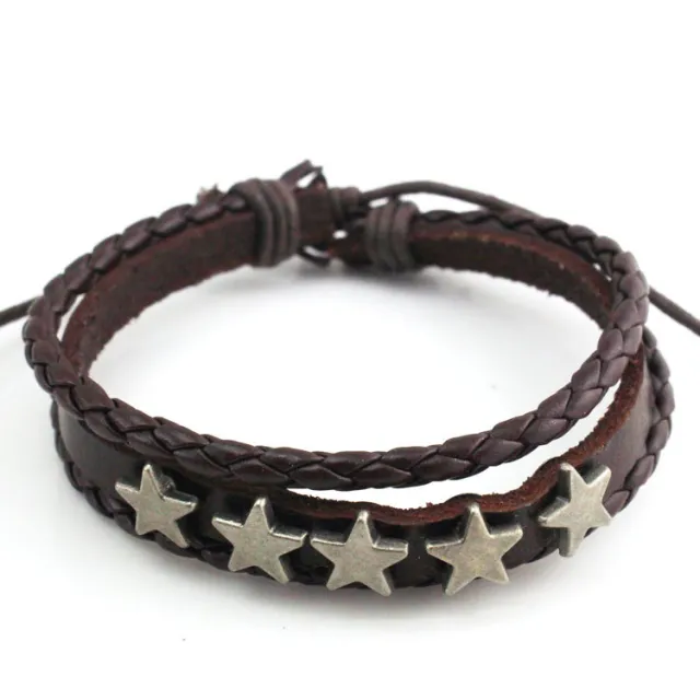 Men's Leather Retro Easy Matching Woven Telescopic Five pointed Star Bracelet Brown - Shop at LoveMi