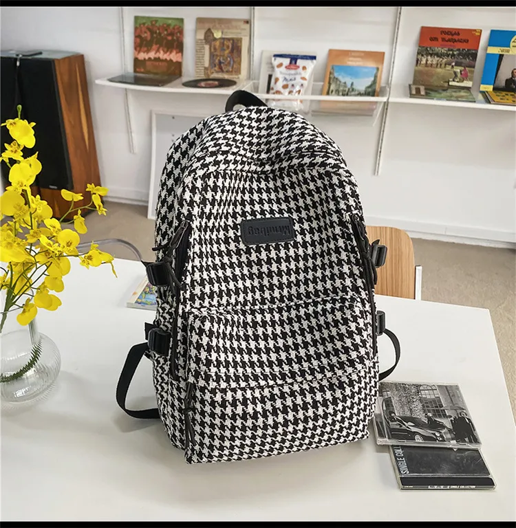 Original Knitted Houndstooth Simple Versatile Large Capacity Backpack - Black