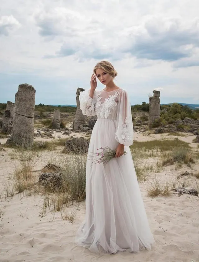 Round Collar Gauze Embroidered One piece Dress Wedding Dress White - Shop at LoveMi