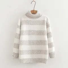 Japanese Style Half Turtleneck Pullover Long Sleeve Knitted Sweater Striped Contrast Colour Ladies - Beige - View 1
