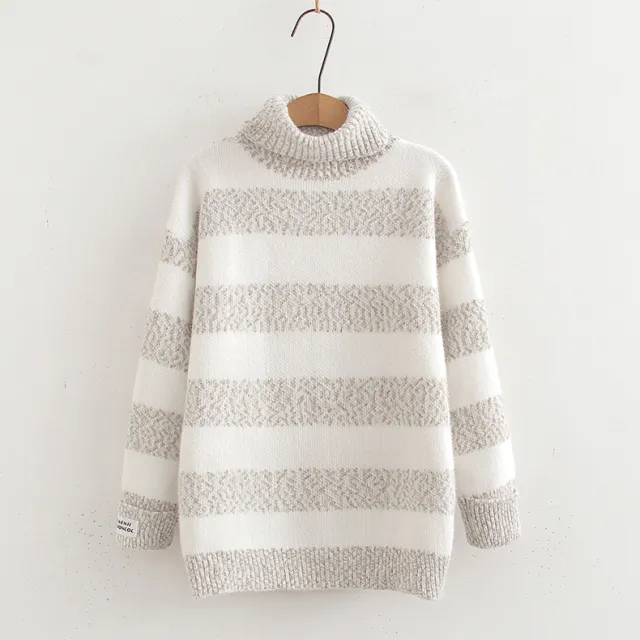 Japanese Style Half Turtleneck Pullover Long Sleeve Knitted Sweater Striped Contrast Color Ladies Beige - Shop at LoveMi