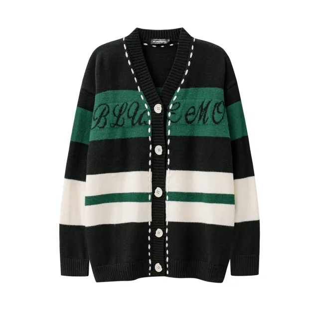 High Street Color Block Single Breasted V neck Loose Sweater Black - Shop at LoveMi