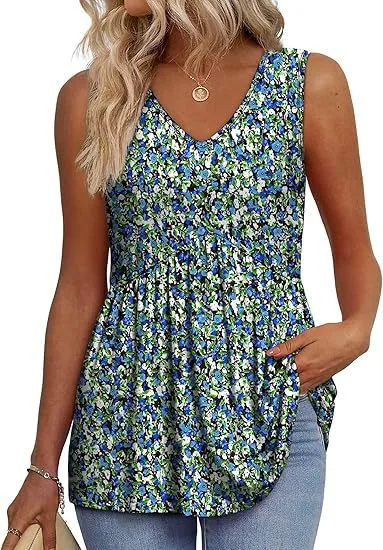 Women's Elegant Sleeveless V neck Elegant Ruffle Top Blue Flower - Shop at LoveMi