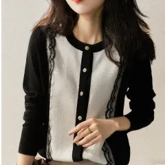 Slimming Lace Patchwork Round Neck Knitted Cardigan Sweater - View 1