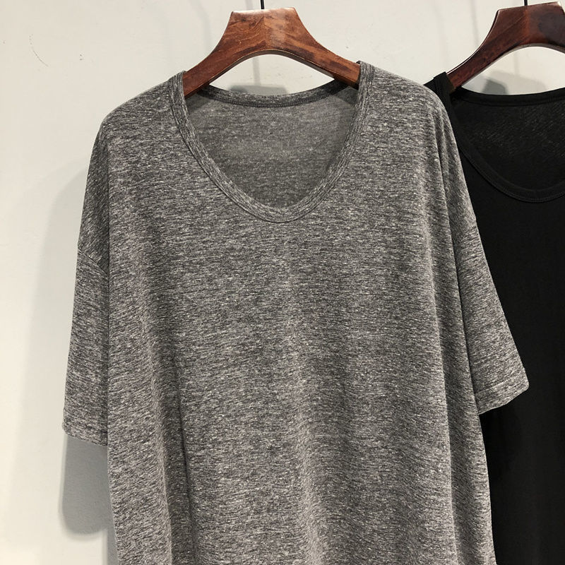 Loose Solid-Color V-Neck Mid-Length Short-Sleeve Top For Women