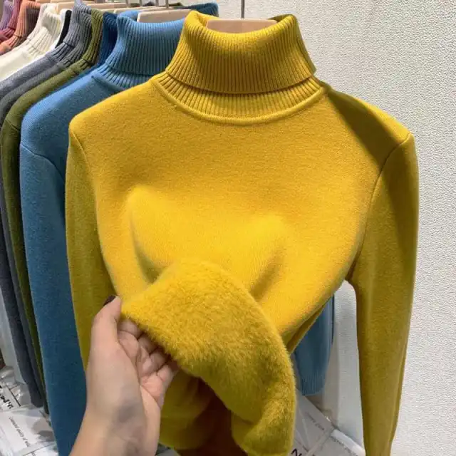 Women's Turtleneck Sweater Top With Velvet Thickened Inner Wear Yellow - Shop at LoveMi