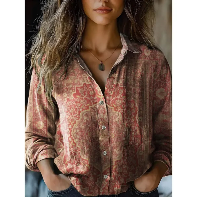 Retro Print Long Sleeve Casual Shirt Zvz59311 - Shop at LoveMi