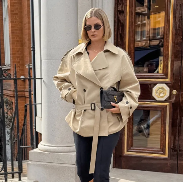 Women's Long sleeved Lapel Lace up Waist controlled Mid length Trench Coat Khaki - Shop at LoveMi
