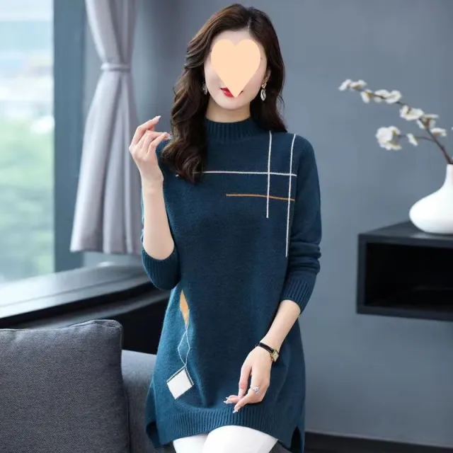 Half Turtleneck Western Style Mom Mid length Sweater Blue - Shop at LoveMi