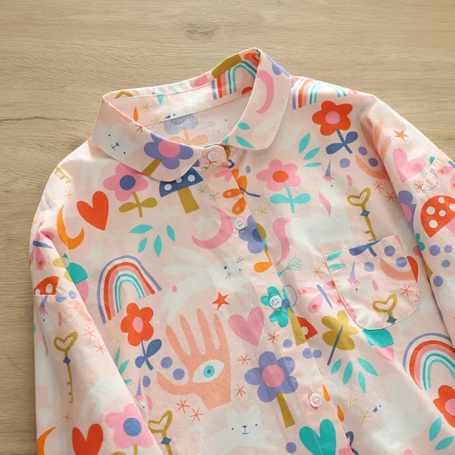 Autumn New Women's Clothing Printed Loose Lapel Long Sleeves Shirt Pink Rainbow - Shop at LoveMi