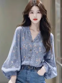 Women's French-style Elegant Floral Shirt - Blue - View 1