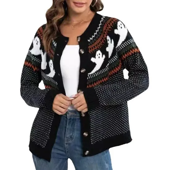Retro Dots Long sleeved Knitted Cardigan Sweater For Women Black - Shop at LoveMi