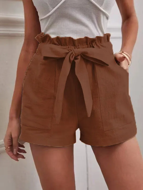 Loose Cotton And Linen Casual Pocket High Waist Wide Leg Shorts Khaki - Shop at LoveMi