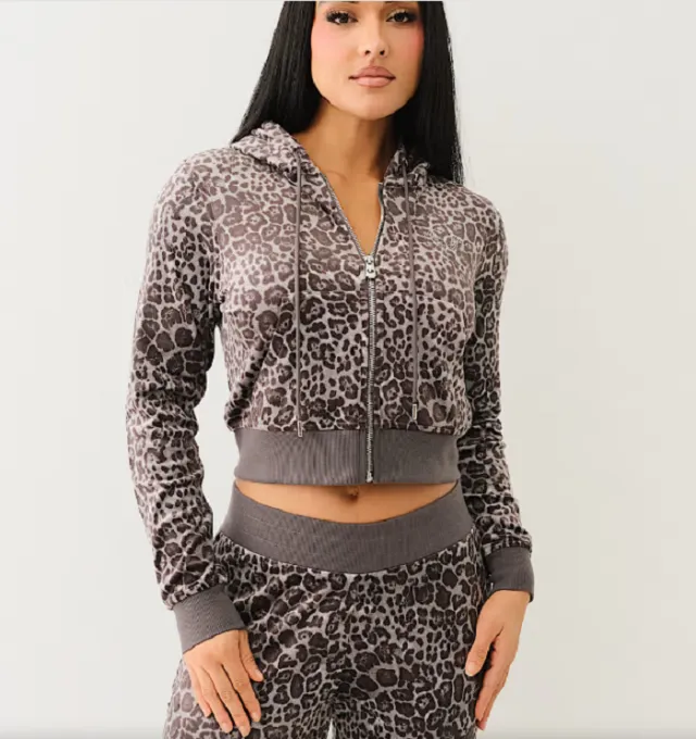 New Street Sexy Exposed Navel Leopard Print Hoodie Gray - Shop at LoveMi