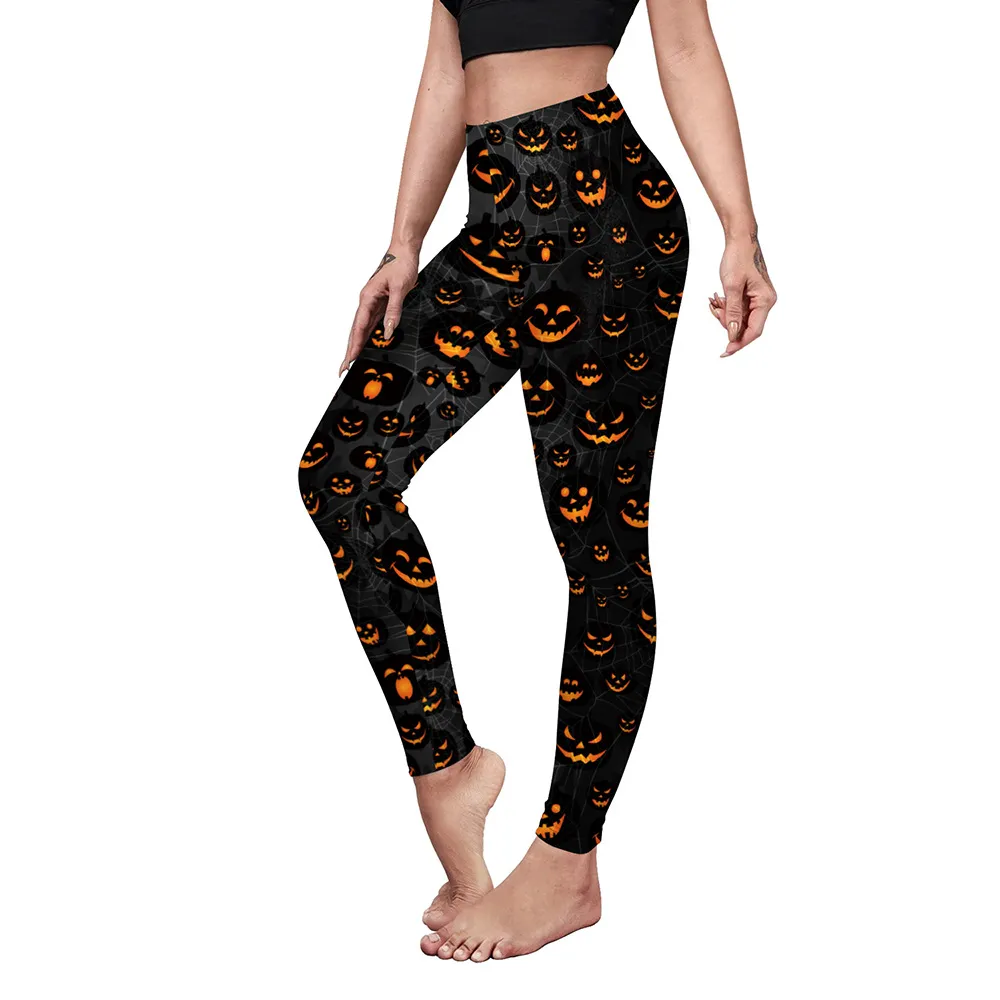 Women's Fashion Casual Pumpkin Spider Web Printed Slim Elastic Yoga Pants - B230 1009-S