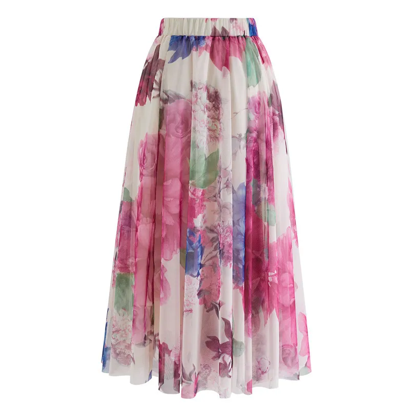 Ladies' Mesh Micro-elastic Skirt Printing - Red Flower