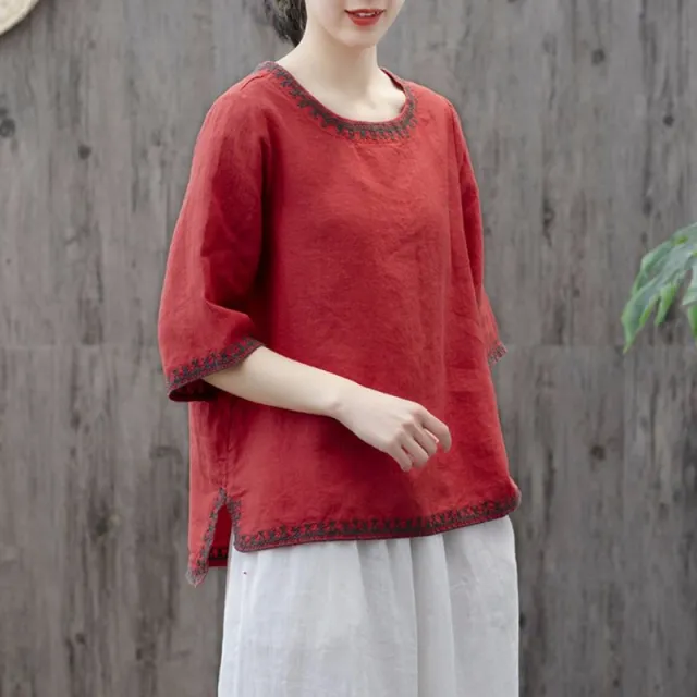 Artistic Retro Cotton And Linen Solid Color Embroidered Crew Neck Half Sleeve Red - Shop at LoveMi