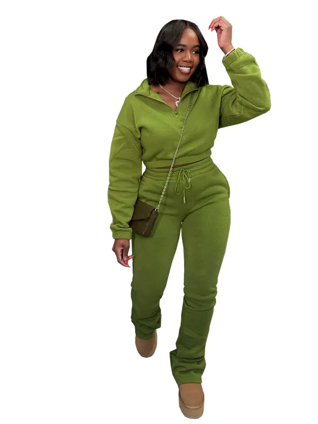Zip up Half Turtleneck Waist cinching Fleece Sweatshirt With Drawstring Pants Sport Set Green - Shop at LoveMi