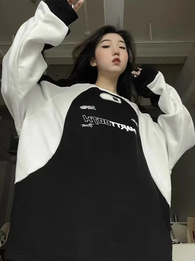Sweater Men's And Women's Loose Long Sleeve Patchwork Top Black - Shop at LoveMi