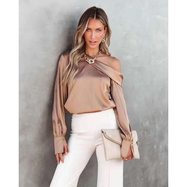 New Sexy Shoulder Long Sleeve Shirt Camel - Shop at LoveMi