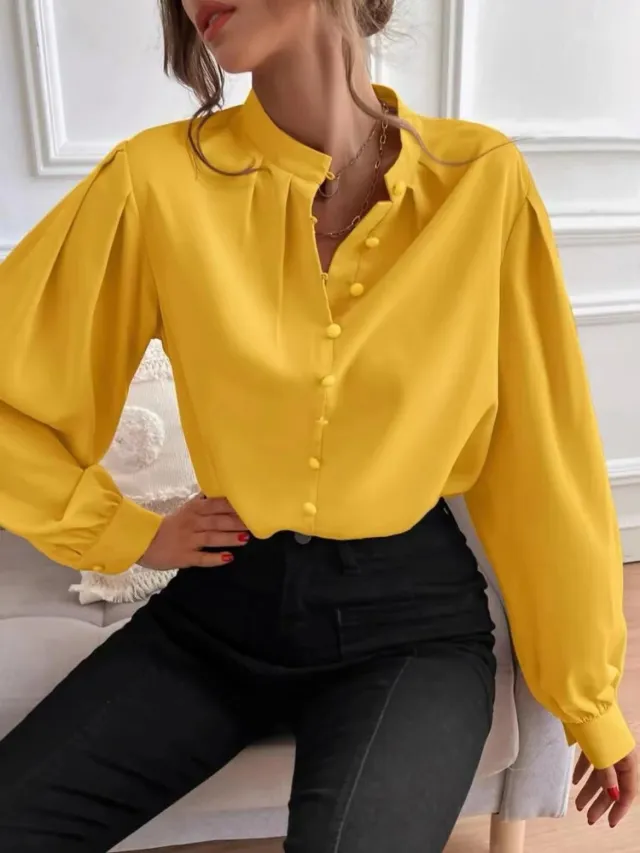 Commute Style Solid Color Round Neck Long Sleeve Single breasted Women's Shirt Yellow - Shop at LoveMi