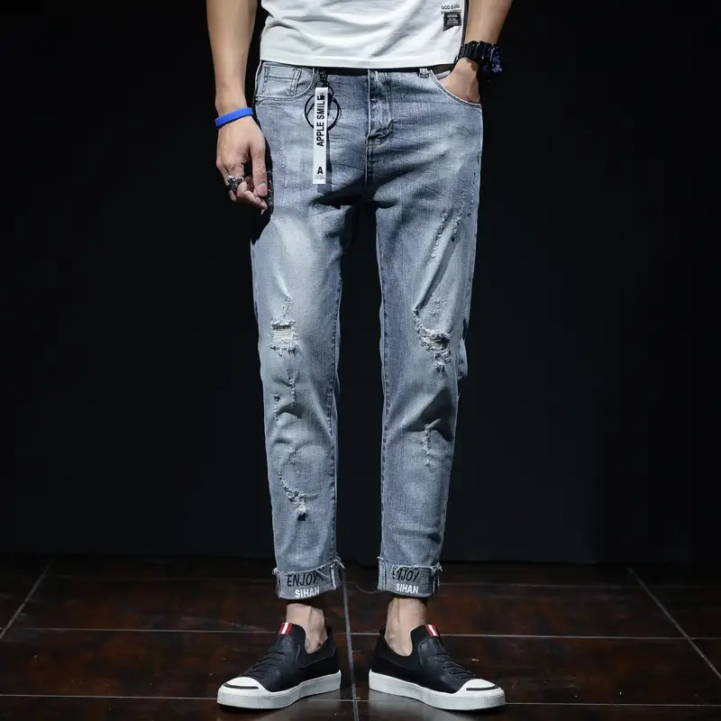 Spring And Summer Ripped Jeans Elastic Small Leg Straight Leg Pants Youth