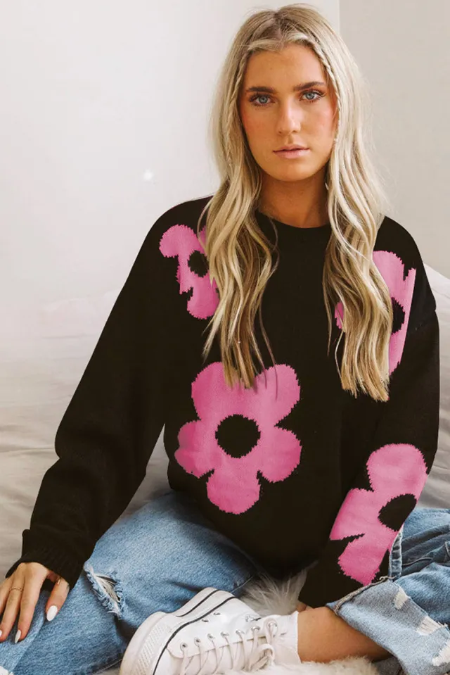 European And American Fashion Floral Print Warm Sweater Woman Pink - Shop at LoveMi