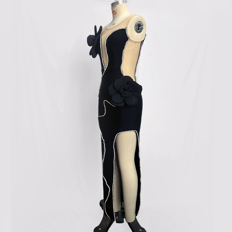 Black Fashion Flower Mesh Tight Stripe Design Sleeveless Long Bandage Sheath Dress