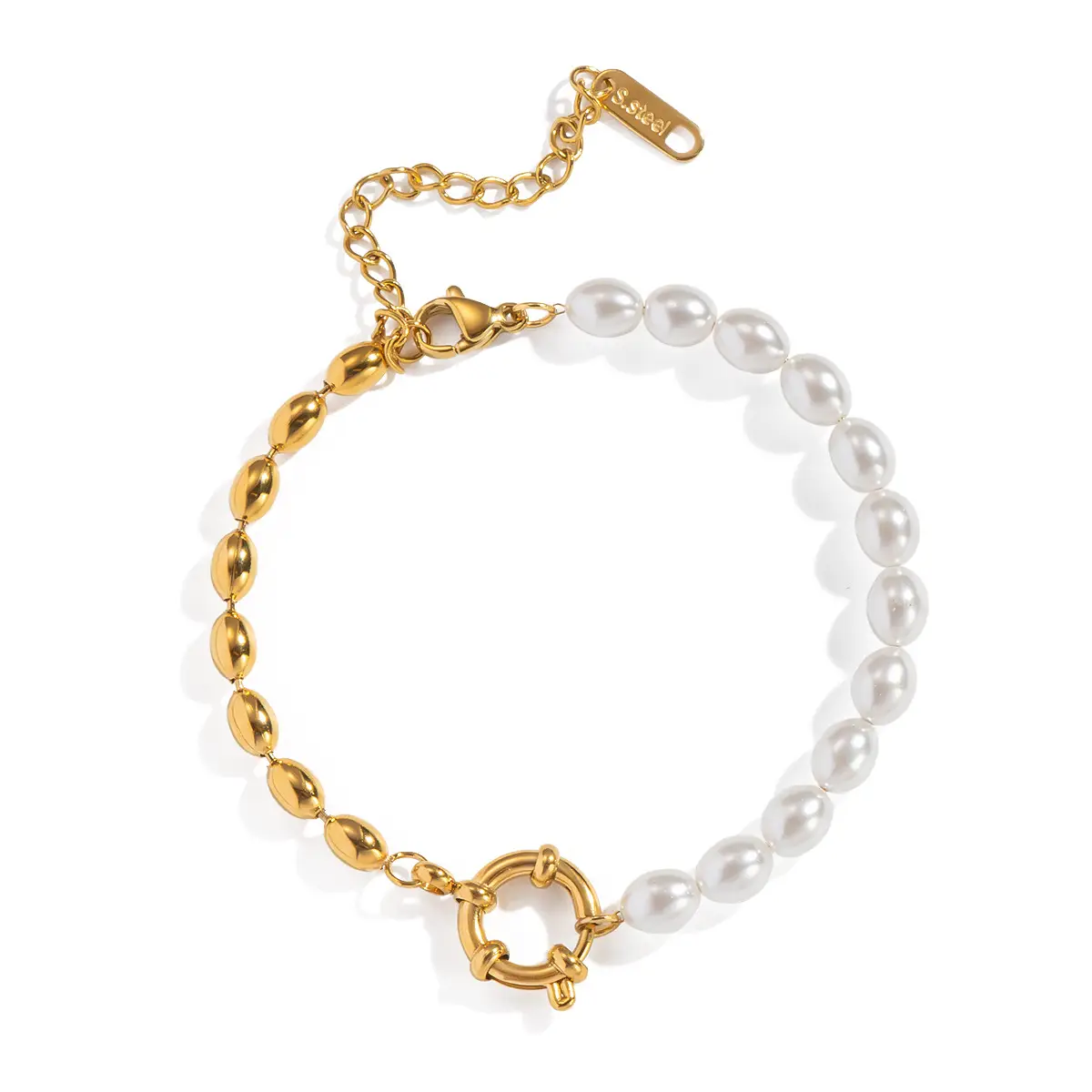 Retro Minimalist Versatile Oval Gold-bead Pearl Bracelet