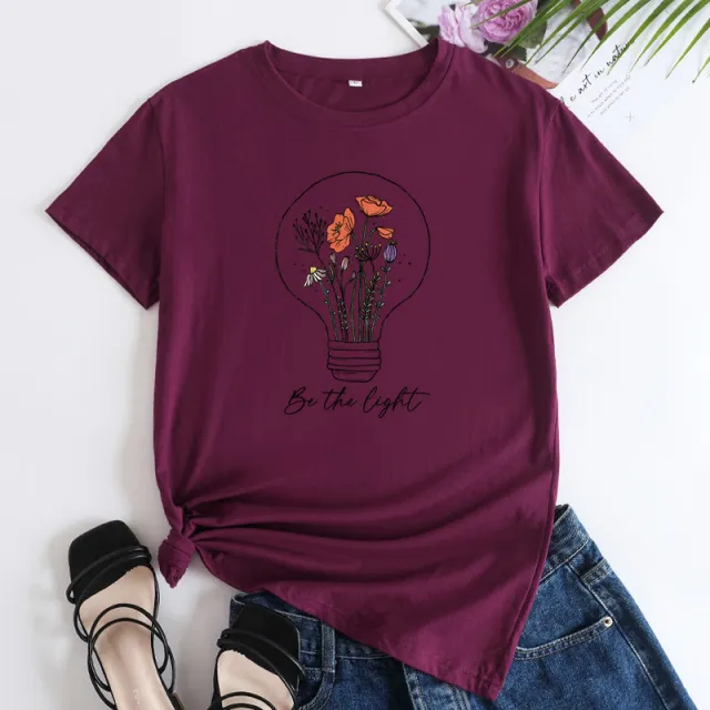 European And American Flower Light Letter Fashion Round Neck Short Sleeves T shirt Wine - Shop at LoveMi