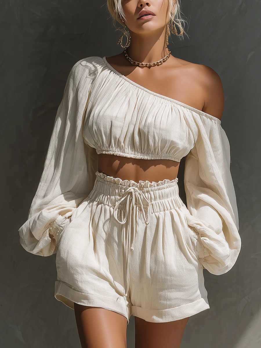 Womens Long-sleeve Cropped Top And High-waisted Shorts Two-piece Set