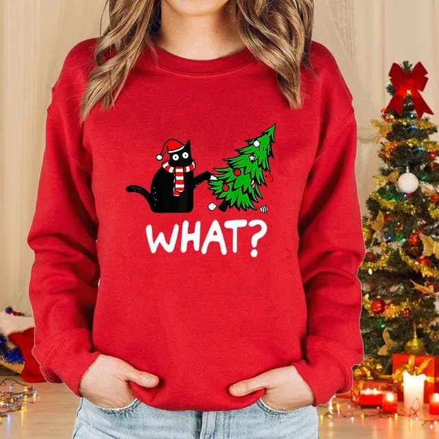 Lady Christmas Cat Round Neck Sweater Long Sleeve 1Style Xs - Shop at LoveMi