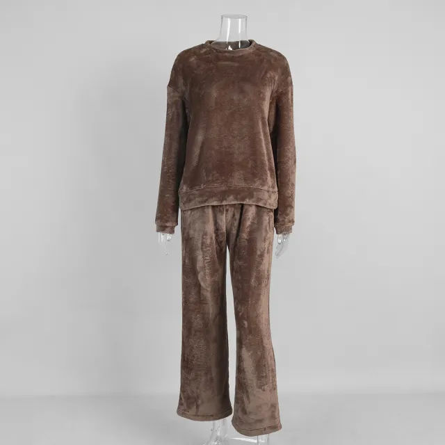 Womens Crew neck Long sleeve Top And Pants Pajama Set Brown - Shop at LoveMi