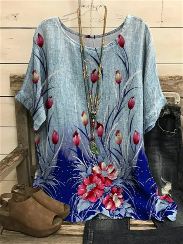 Pattern Printed Loose Short Sleeve Round Neck Shirt Ht03 - Shop at LoveMi