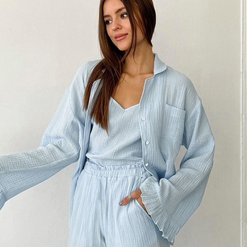 New European And American-style Fashion 3-piece Set Long-sleeve Top Trousers And Suspender Straps