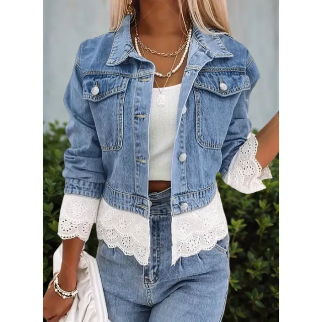 Lace Stitching Fashion Denim Jacket Blue - Shop at LoveMi