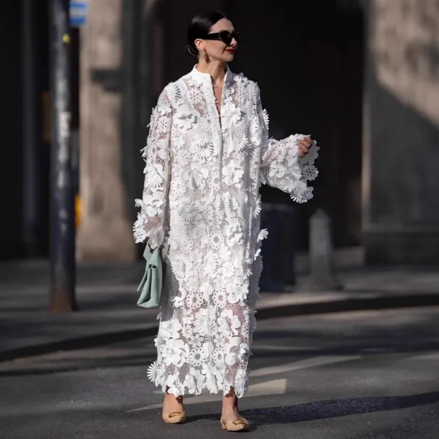 Women's Hollow Out 3D Floral Round Neck Long Sleeve Dress White - Shop at LoveMi