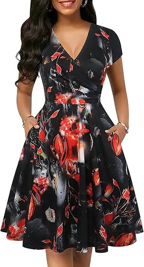 Women's Retro Floral Print Polka Dot V Neck Full Sleeve Casual Dress With Pockets Black - Shop at LoveMi