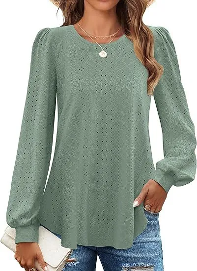 Women's Loose Casual Lantern Sleeve Long Sleeve T shirt Green - Shop at LoveMi