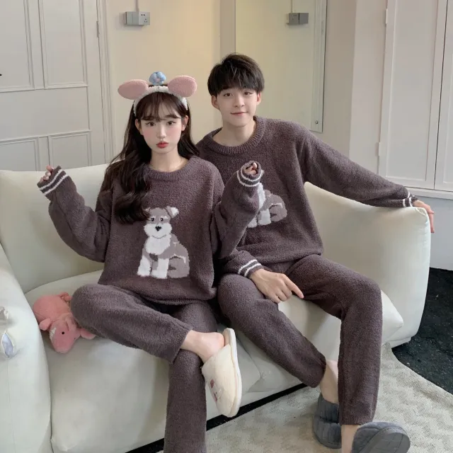 Gp Couple Japanese Cute Dog Parent child Soft Home Wear Long sleeved Trousers Pajamas Set Gray Dog Round Neck - Shop at LoveMi