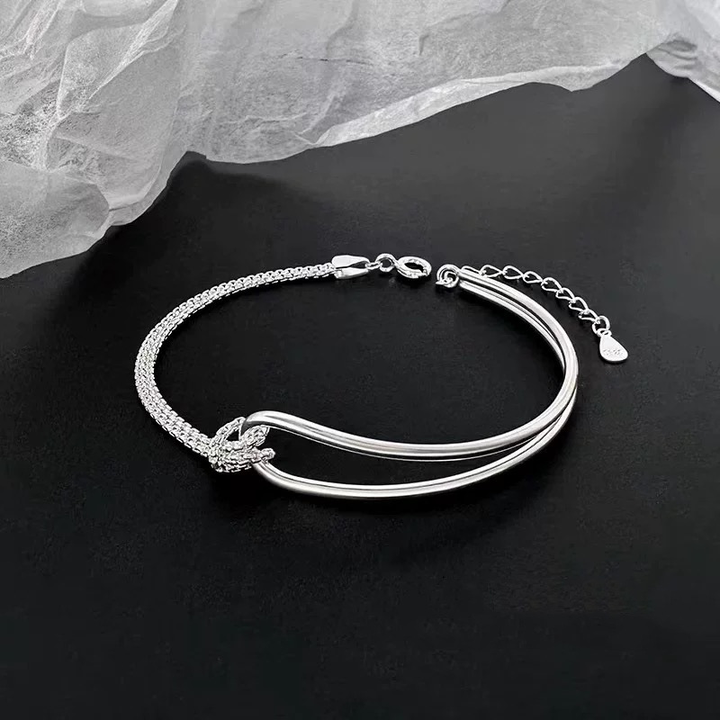 S925 Sterling Silver Square Double Layer Knot Bracelet for Women - Geometric Spliced Design Minimalist Fashion Jewelry Gift