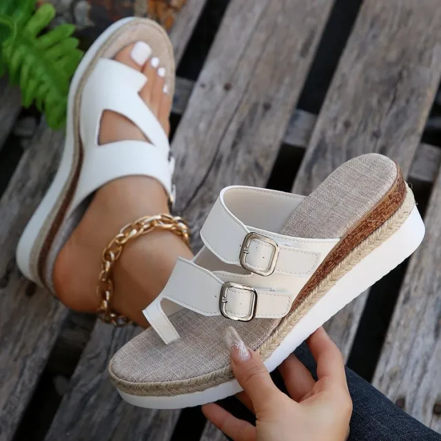 Casual Wedge Finger Fit Design Peep Toe Woven Fashion Sandals White - Shop at LoveMi