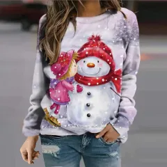 European And American Snowman Printed Crew Neck Sweatshirt - Lavender - View 1